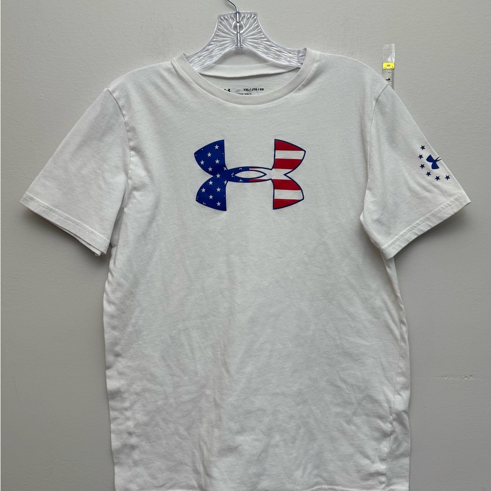 Under Armour Youth YXL HeatGear USA Flag Logo White Athletic T-Shirt